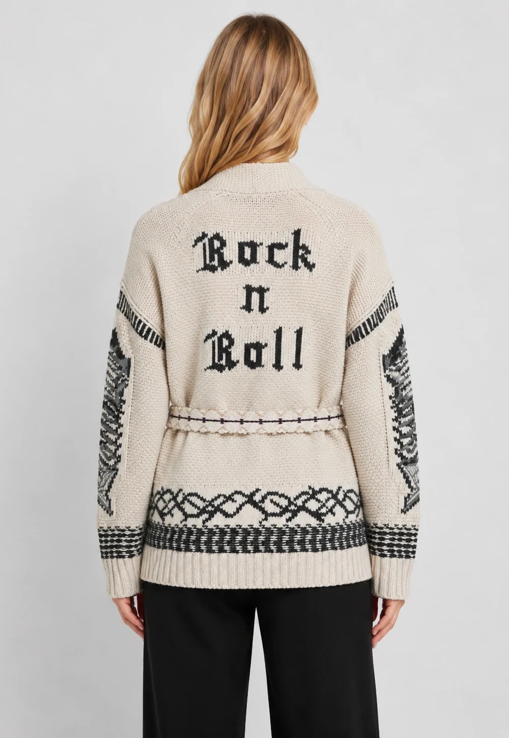 Women’s Rock n Roll Belted Shawl Collar Knit Cardigan