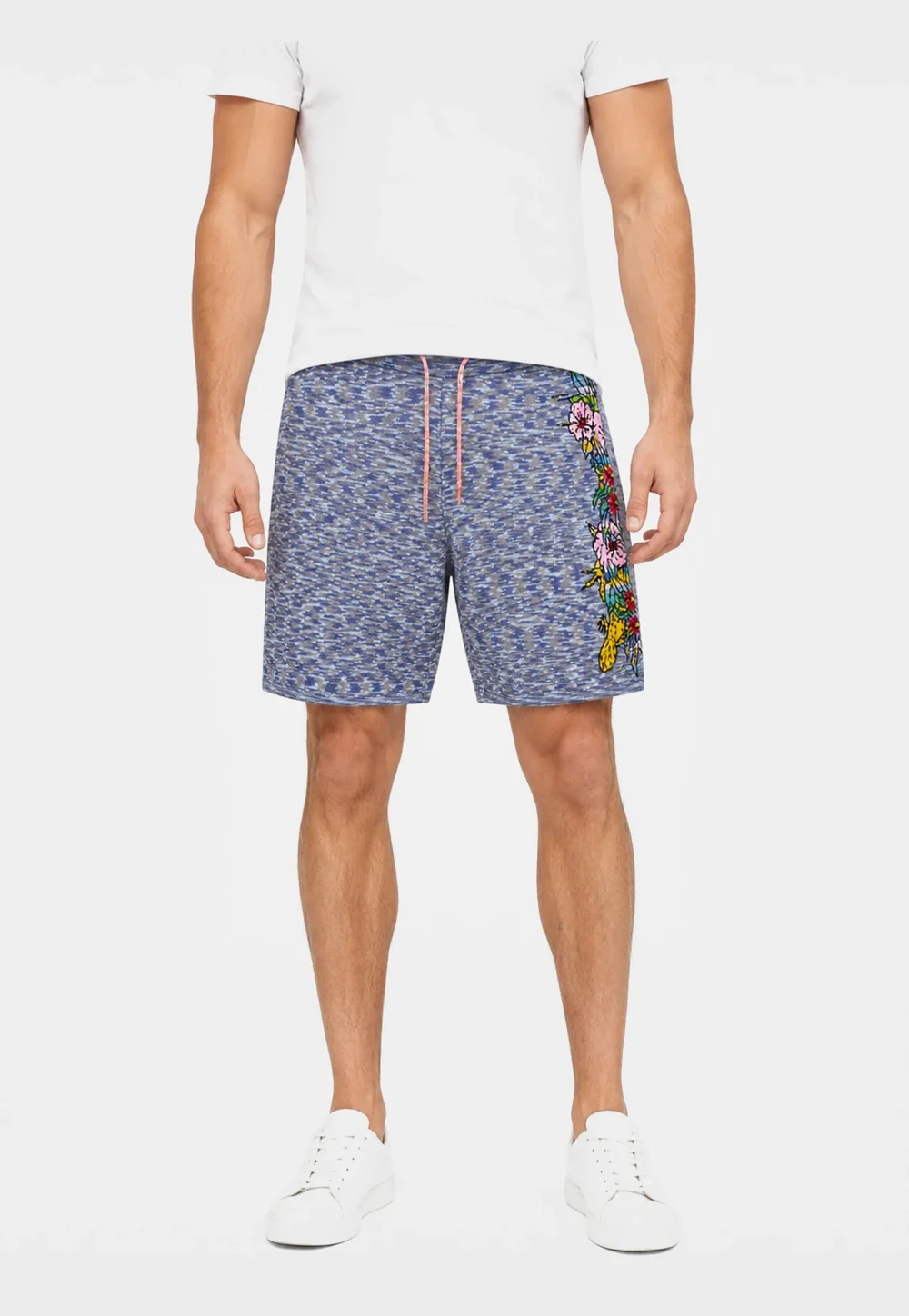 Men’s Blue Marled Knit Shorts with Floral Side Detail
