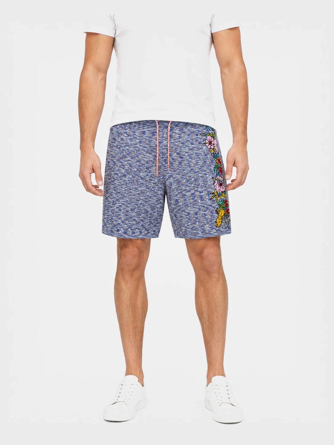 Men’s Blue Marled Knit Shorts with Floral Side Detail 1 Men’s Blue Marled Knit Shorts with Floral Side Detail