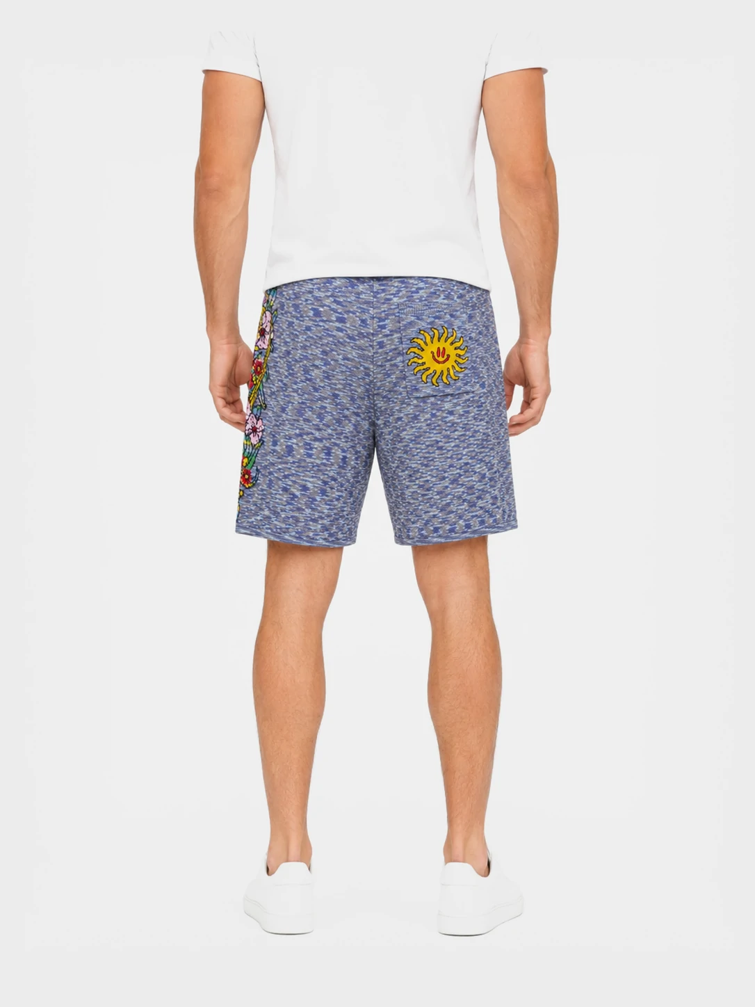 Men’s Blue Marled Knit Shorts with Floral Side Detail 2 Men’s Blue Marled Knit Shorts with Floral Side Detail - Image 2