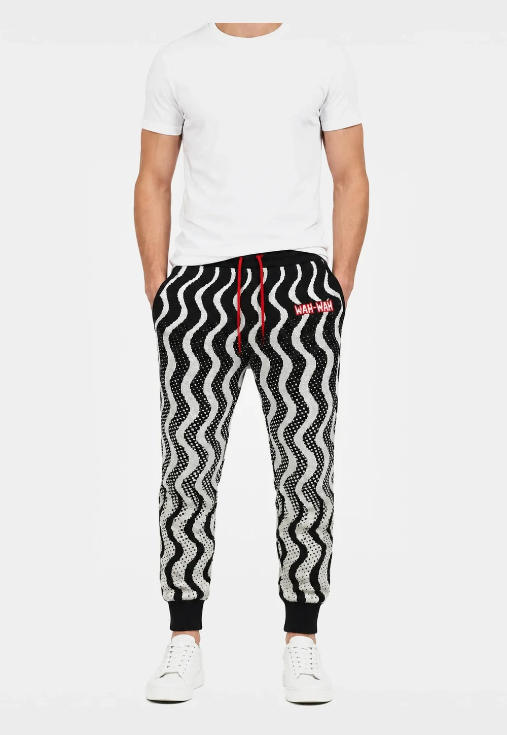 Men’s Black and Cream Wave Pattern Knit Jogger Pants