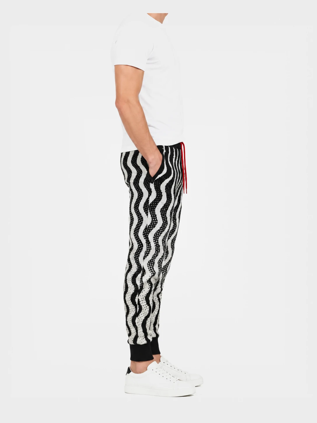 Men’s Black and Cream Wave Pattern Knit Jogger Pants 3 Men’s Black and Cream Wave Pattern Knit Jogger Pants - Image 3