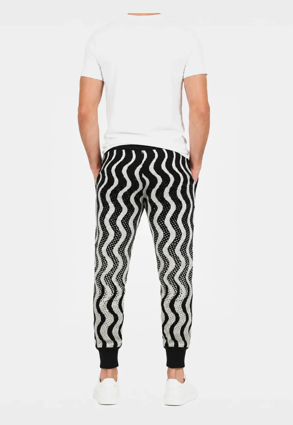 Men’s Black and Cream Wave Pattern Knit Jogger Pants