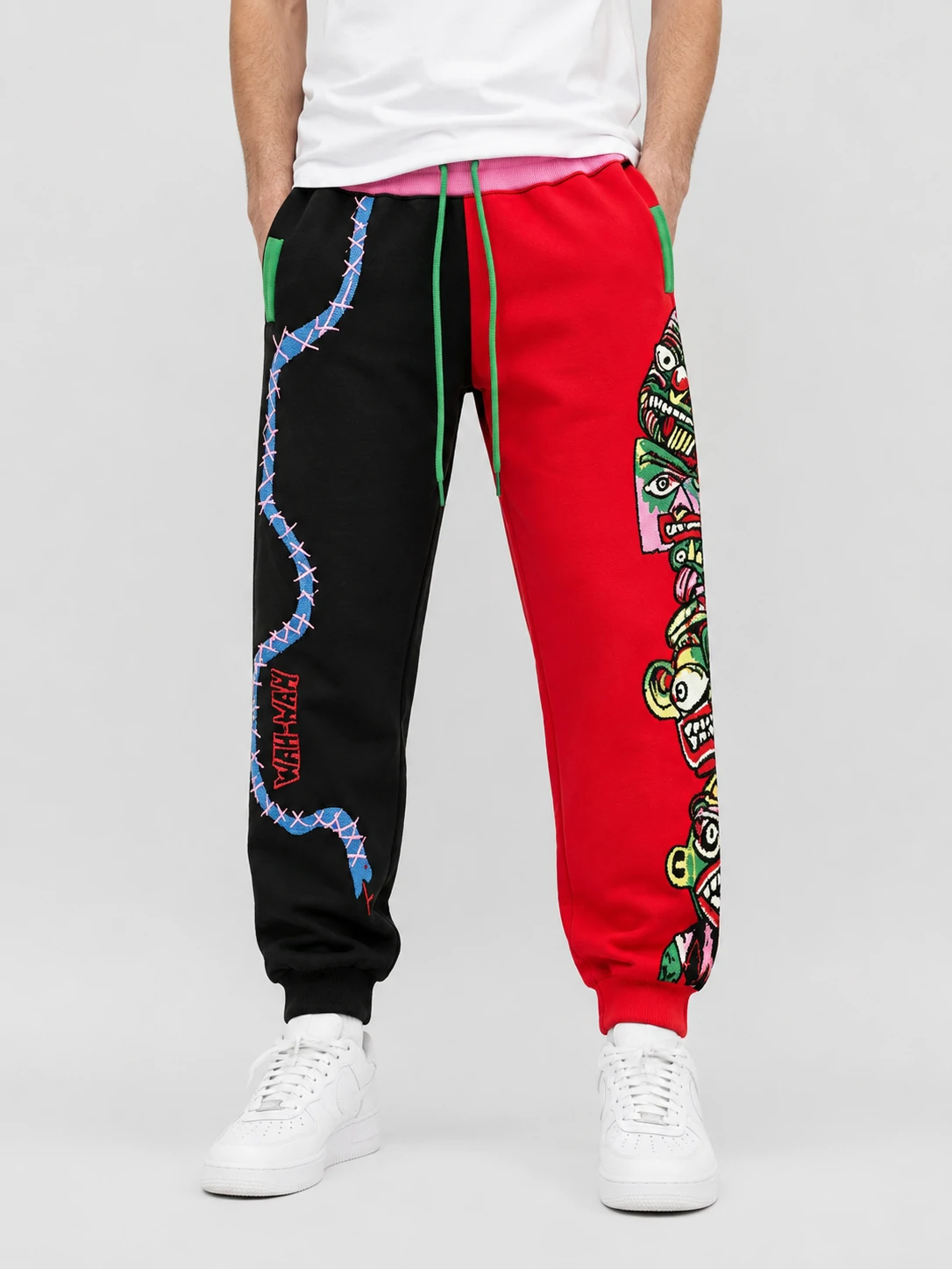 Split Black Red Contrast Graphic Snake Print Men Jogger Pants 1 Split Black Red Contrast Graphic Snake Print Men Jogger Pants