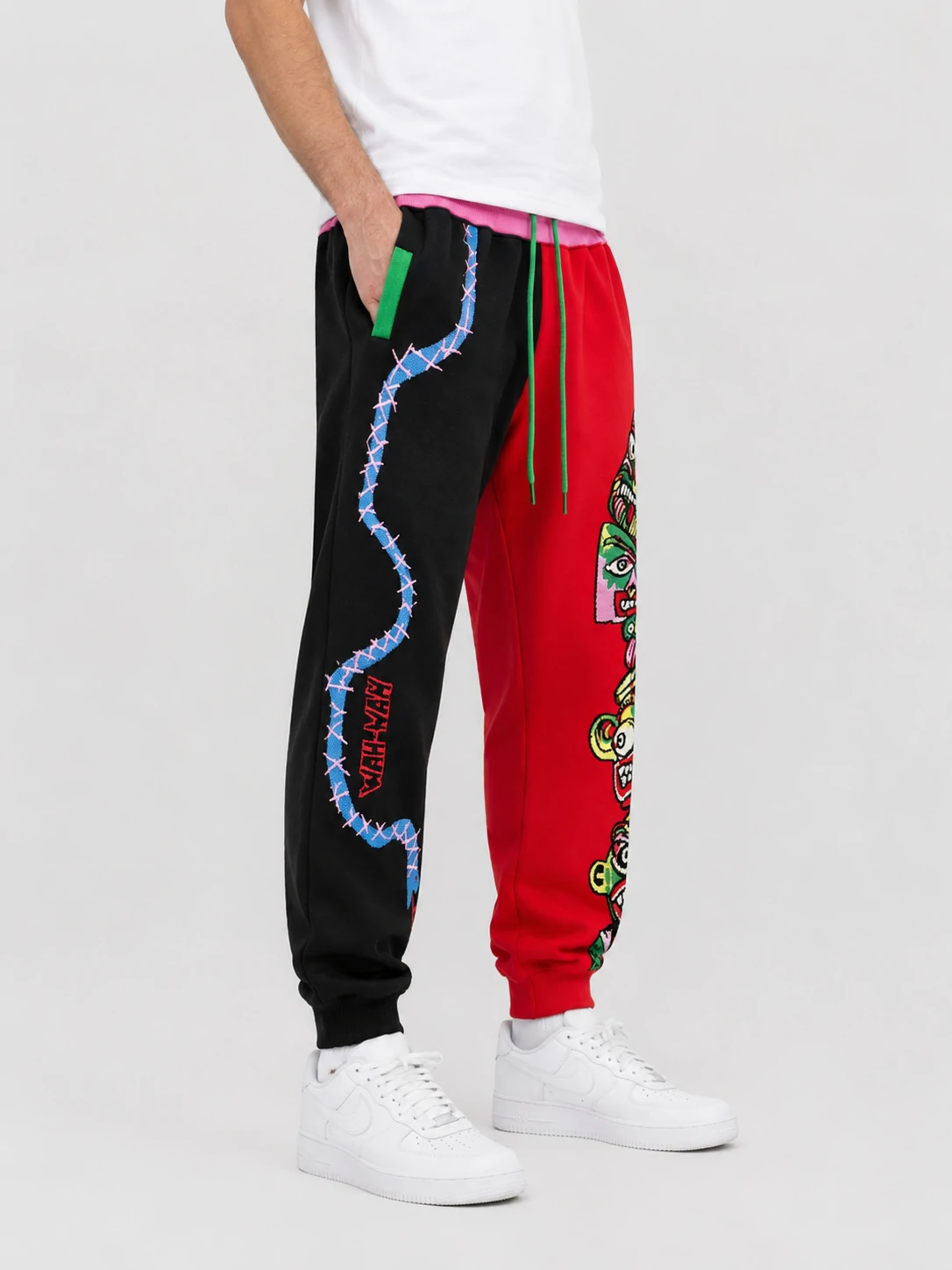 Split Black Red Contrast Graphic Snake Print Men Jogger Pants 3 Split Black Red Contrast Graphic Snake Print Men Jogger Pants - Image 3