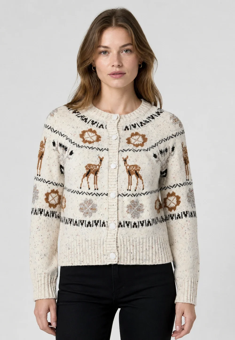 Women’s Fair Isle Deer Jacquard Button-Up Knit Cardigan