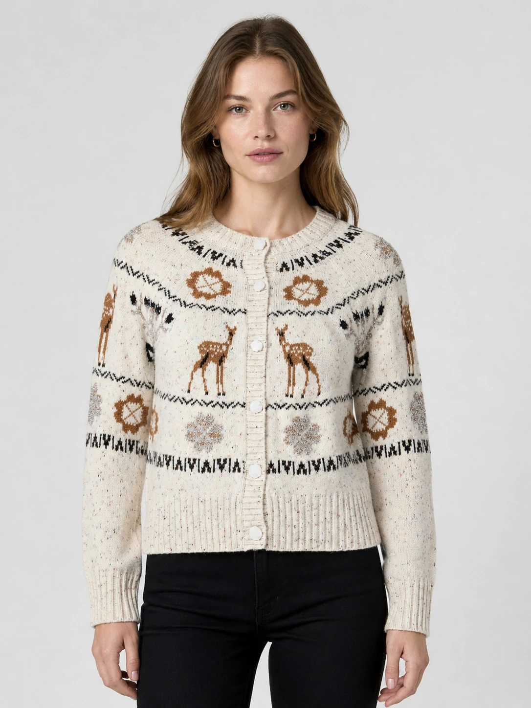 Women’s Fair Isle Deer Jacquard Button-Up Knit Cardigan 1 Women’s Fair Isle Deer Jacquard Button-Up Knit Cardigan