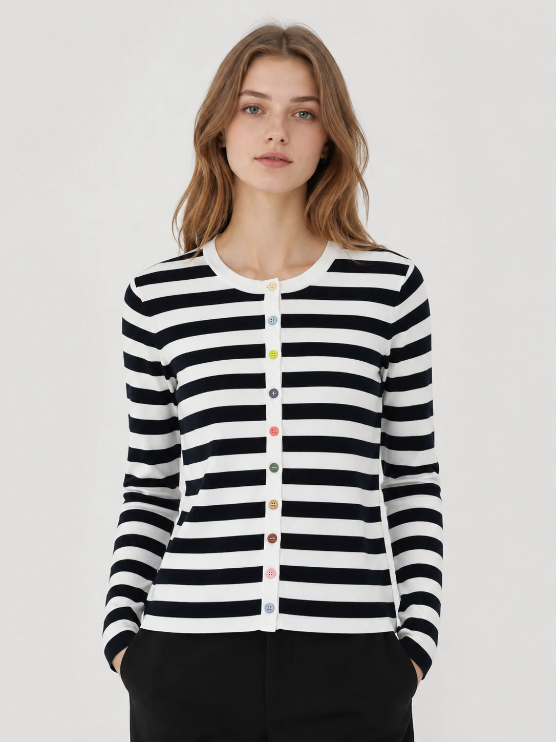 Women’s Striped Button-Front Cardigan 1 Women’s Striped Button-Front Cardigan