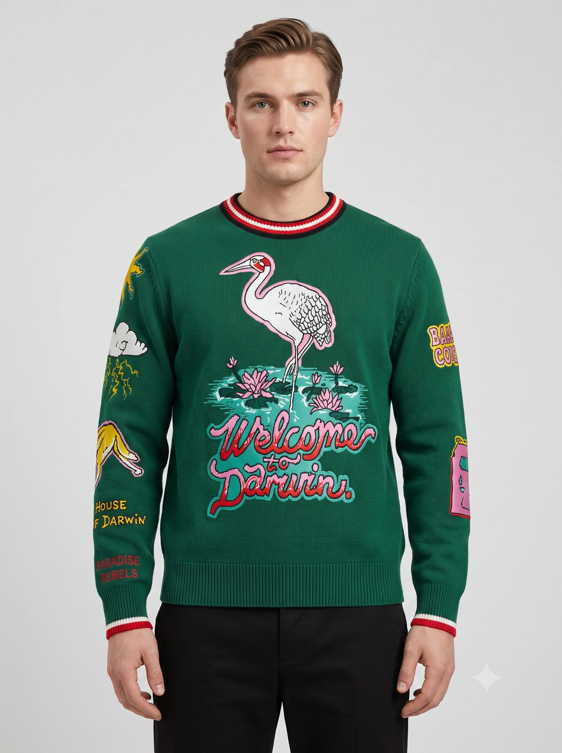 Men’s Tropical Flamingo Jacquard Pullover 1 Men’s Tropical Flamingo Jacquard Pullover