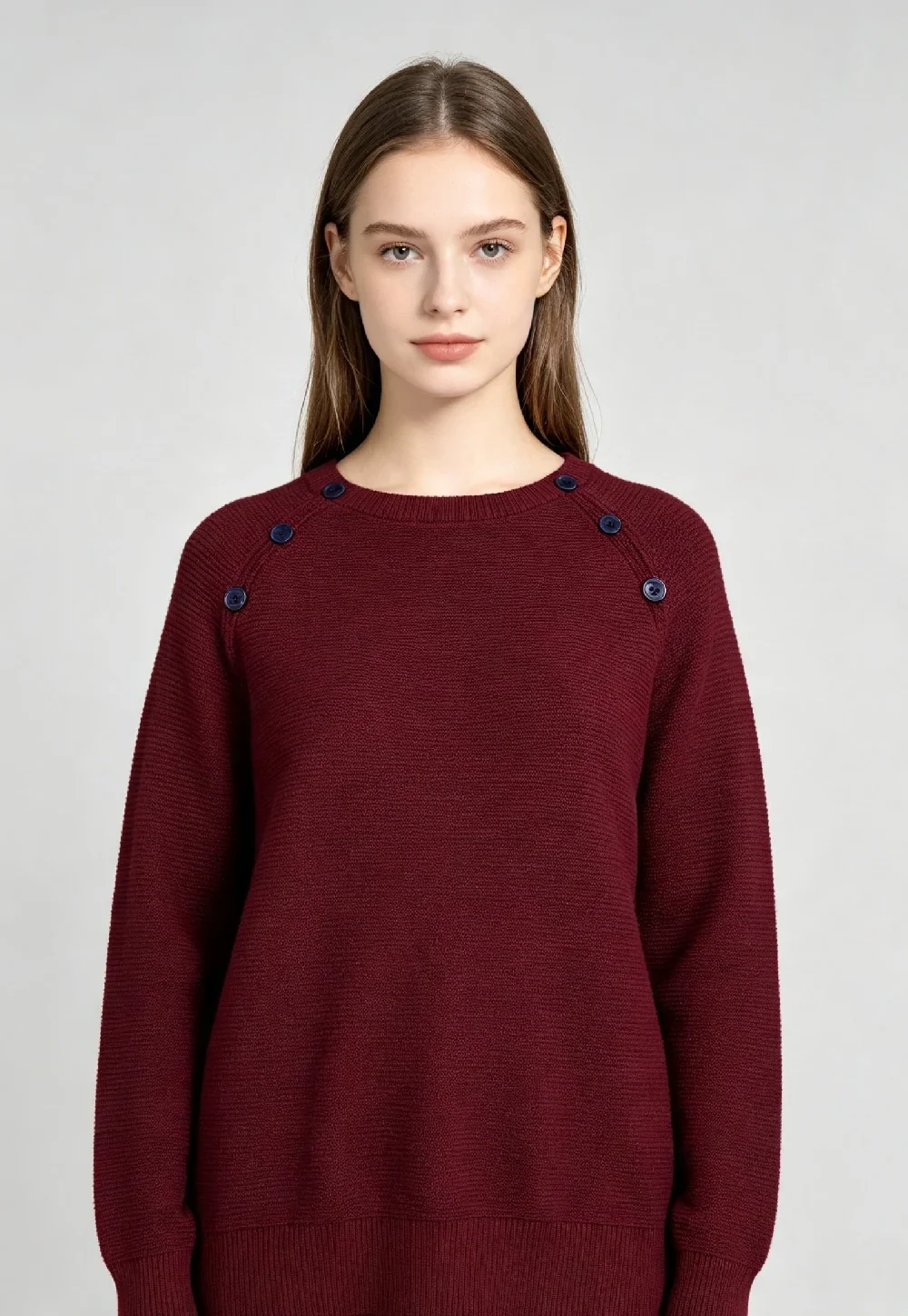 Women’s Burgundy Shoulder‑Button Raglan Knit Pullover