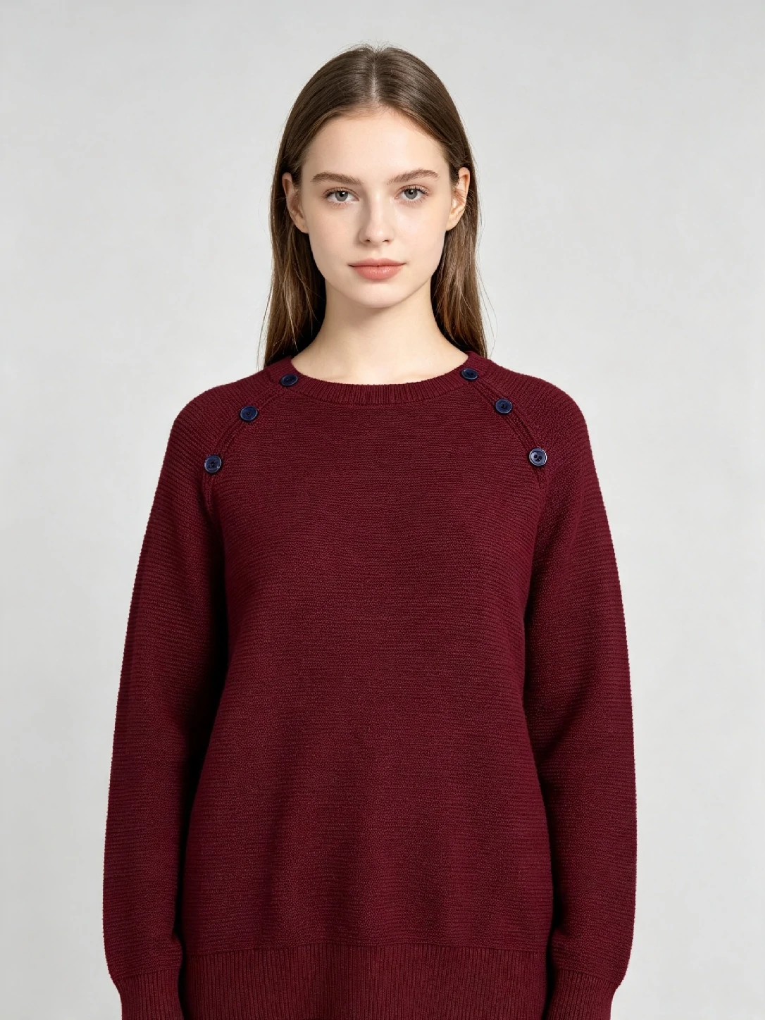 Women’s Burgundy Shoulder‑Button Raglan Knit Pullover 1 Women’s Burgundy Shoulder‑Button Raglan Knit Pullover