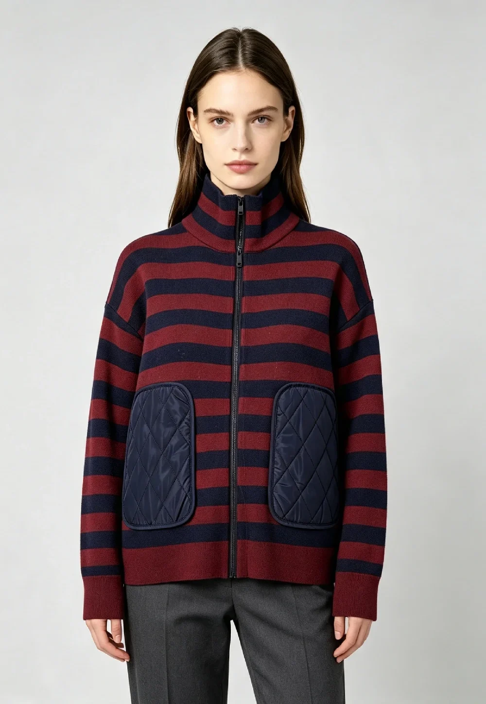 Women’s Striped Knit Zip‑Up Jacket With Quilted Patch Pockets