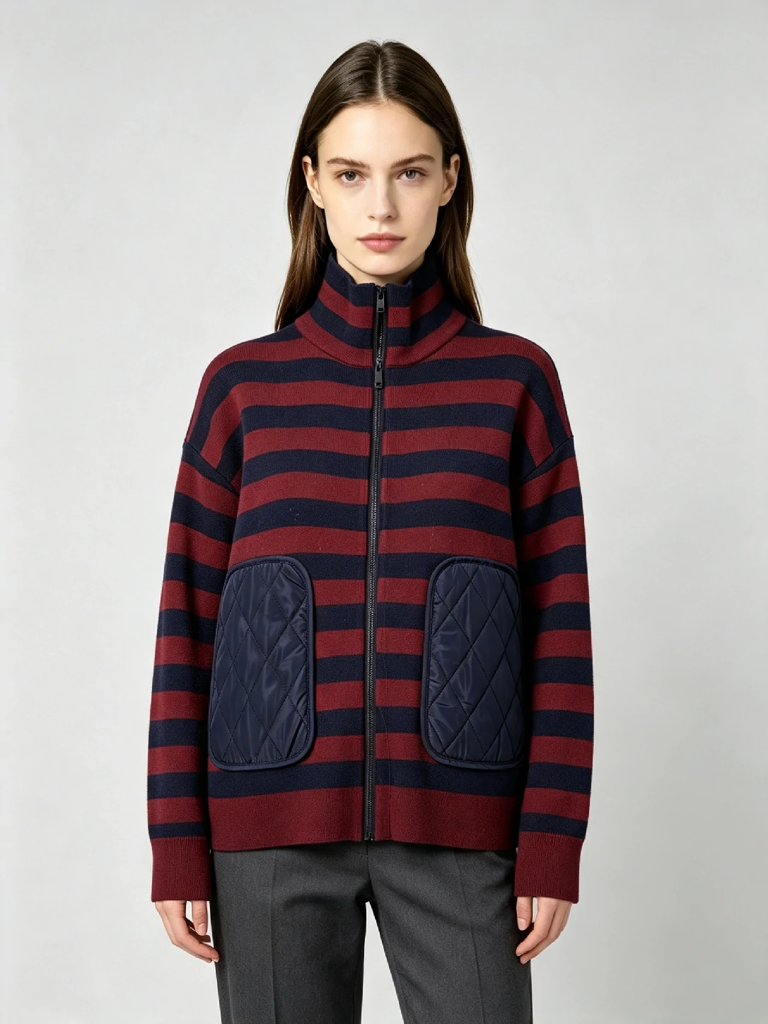 Women’s Striped Knit Zip‑Up Jacket With Quilted Patch Pockets 1 Women’s Striped Knit Zip‑Up Jacket With Quilted Patch Pockets