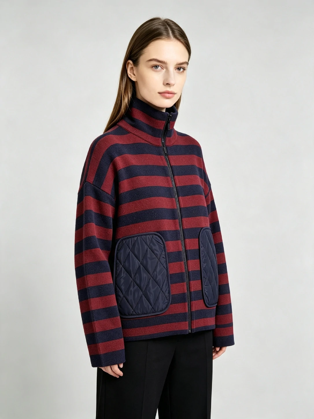 Women’s Striped Knit Zip‑Up Jacket With Quilted Patch Pockets 3 Women’s Striped Knit Zip‑Up Jacket With Quilted Patch Pockets - Image 3