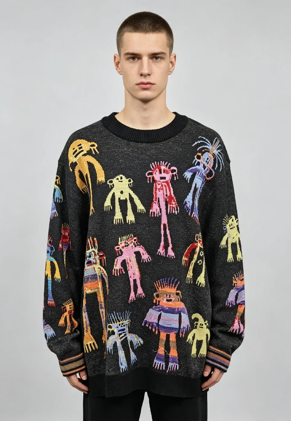 Men’s Multicolor Primitive Figure Jacquard Crew Neck Pullover