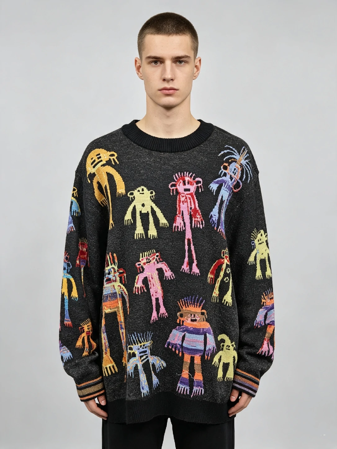 Men’s Multicolor Primitive Figure Jacquard Crew Neck Pullover 1 Men’s Multicolor Primitive Figure Jacquard Crew Neck Pullover