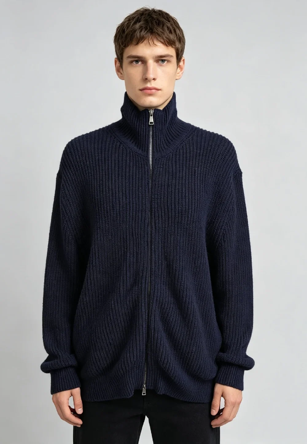 Men’s Navy Ribbed Full‑Zip High Neck Knit Cardigan
