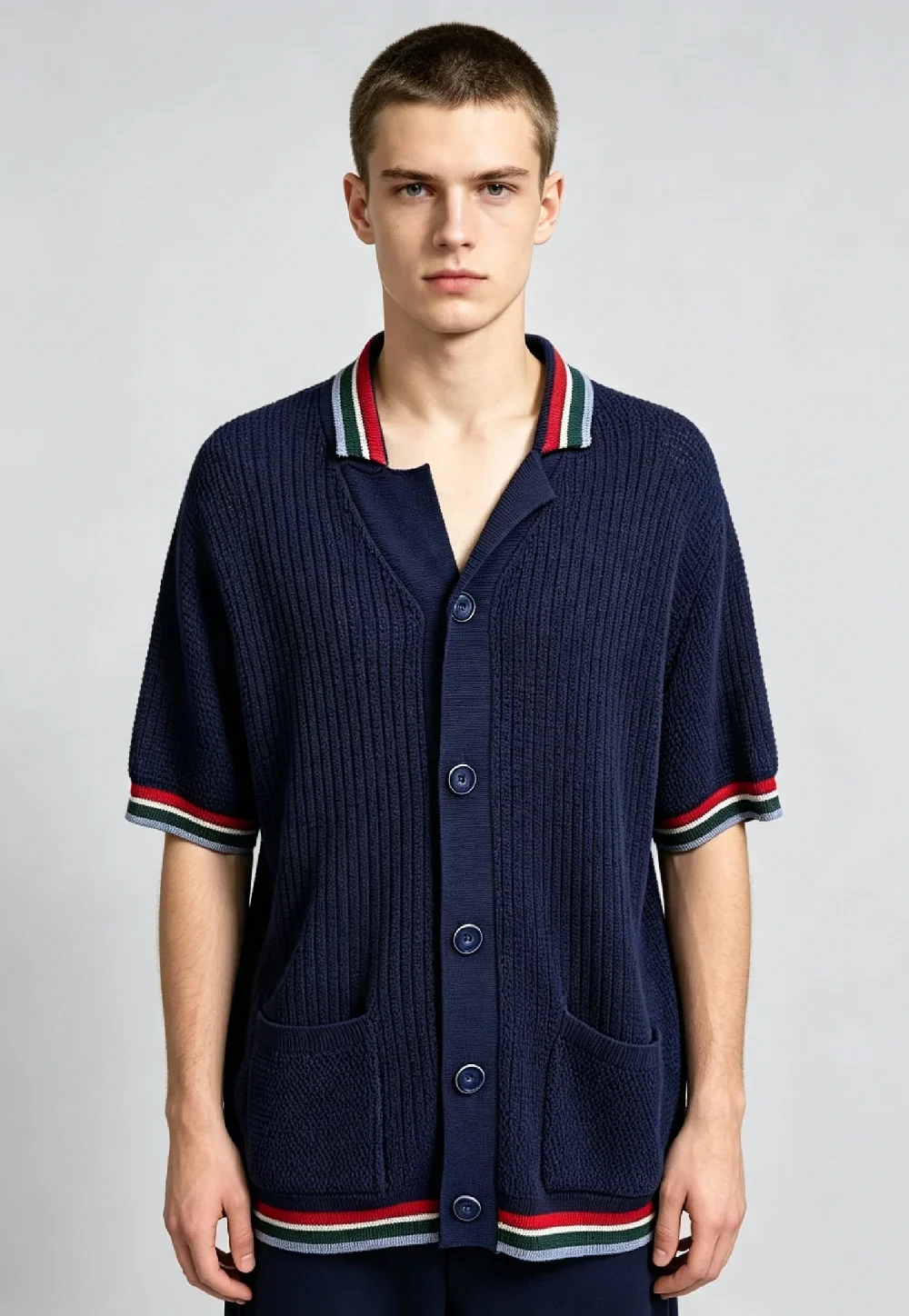 Men’s Navy Striped Trim Short‑Sleeve Knit Cardigan