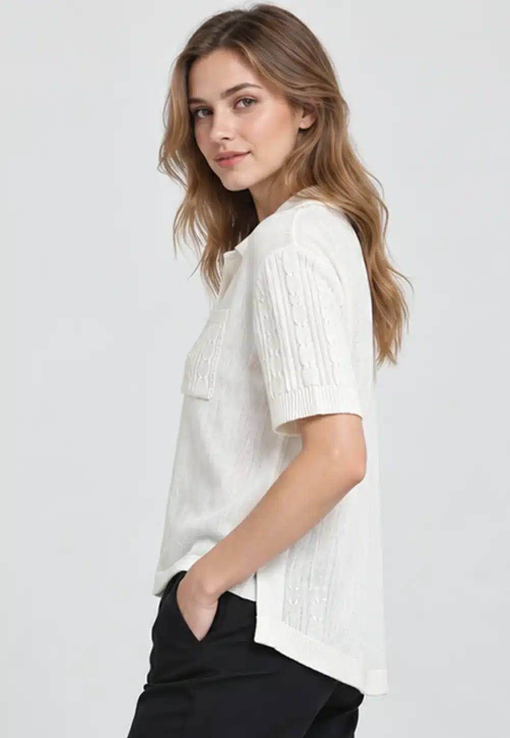 Women’s White Collared Short-Sleeve Textured Knit Pullover