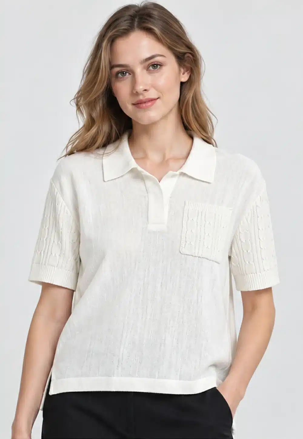 Women's White Collared Short-Sleeve Textured Knit Pullover