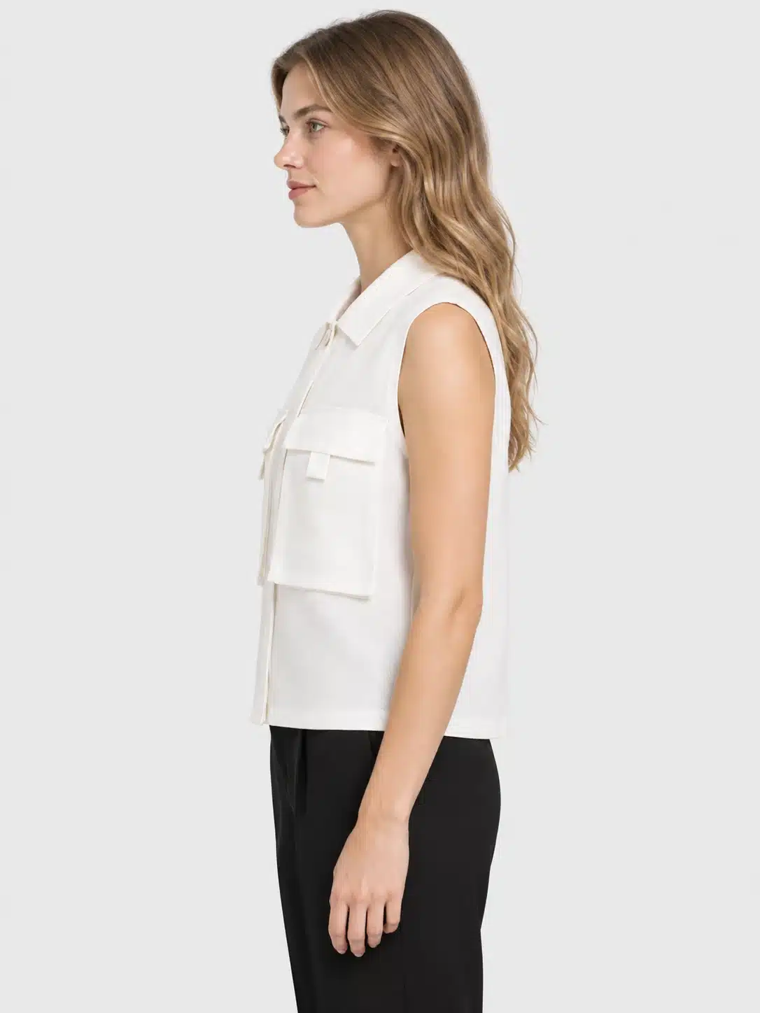 Women's White Collared Patch-Pocket Knit Vest 2 Women's White Collared Patch-Pocket Knit Vest - Image 2