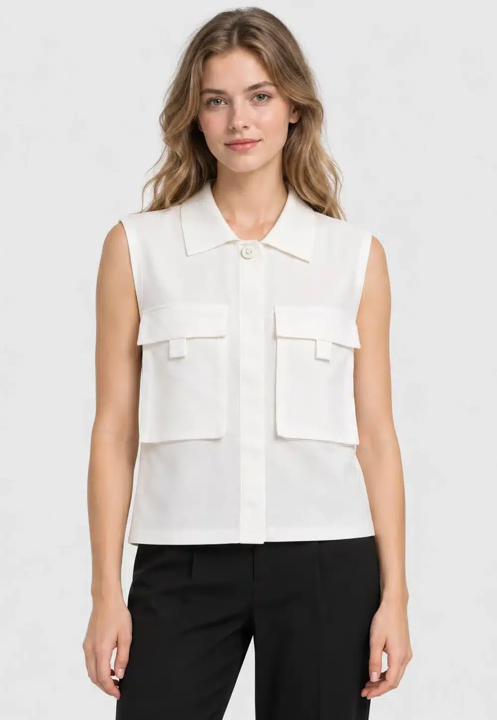 Women's White Collared Patch-Pocket Knit Vest