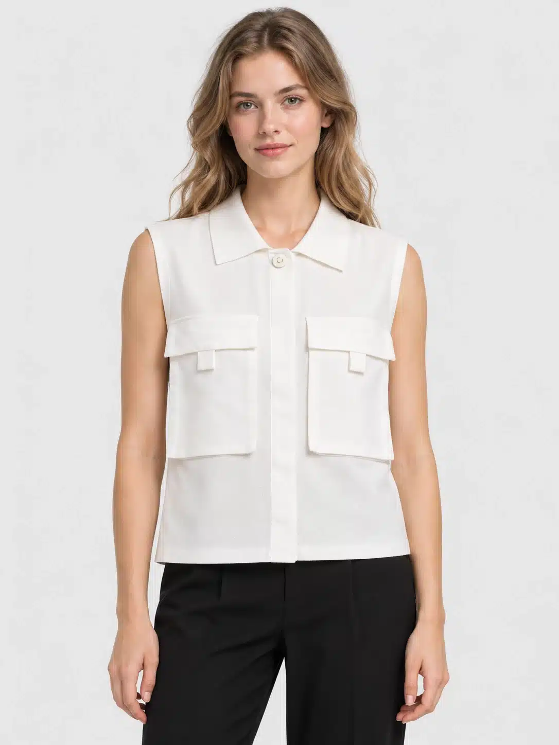 Women's White Collared Patch-Pocket Knit Vest 1 Women's White Collared Patch-Pocket Knit Vest
