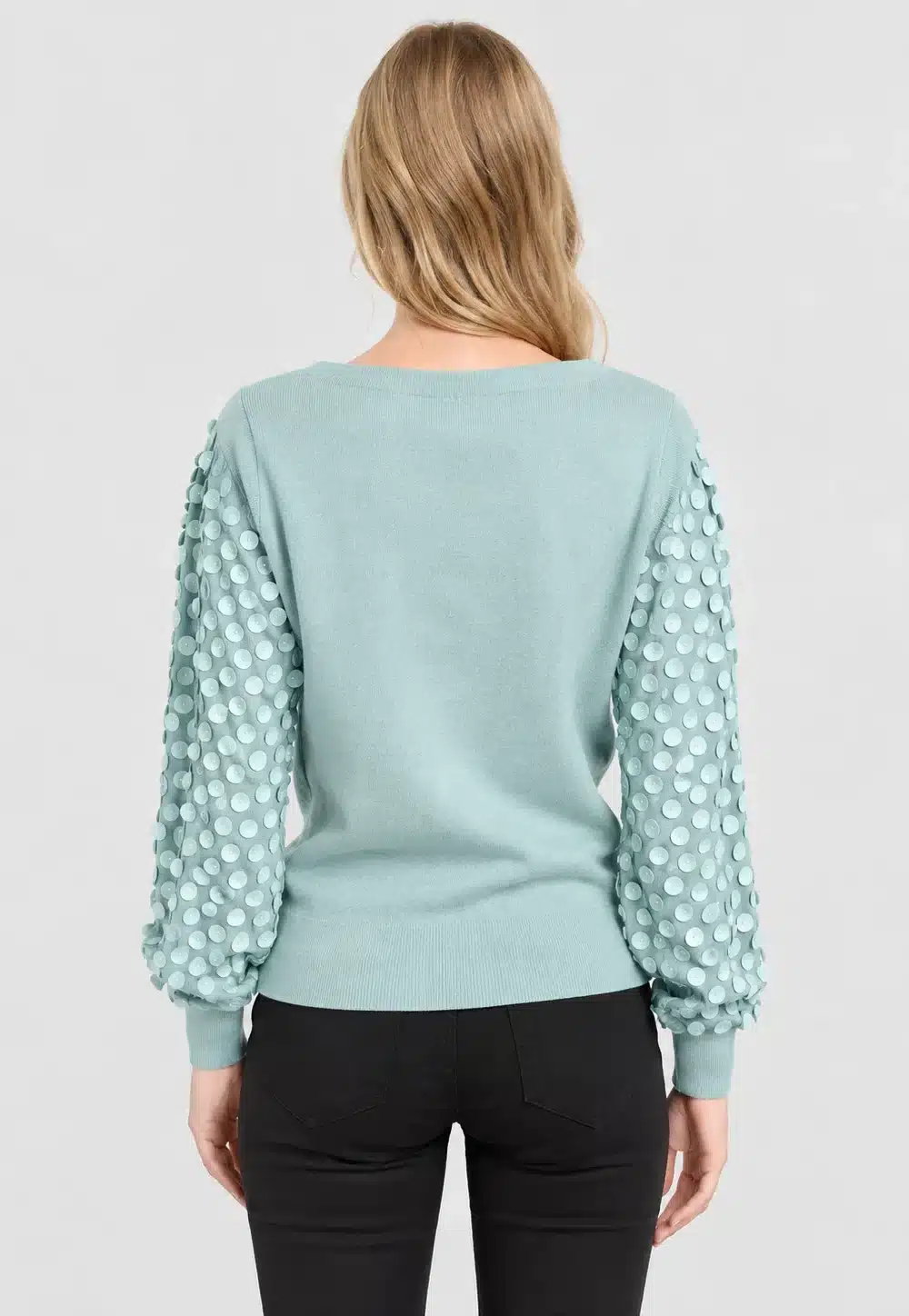Women’s Mint Sequin Sleeve Ruffle Neck Knit Pullover
