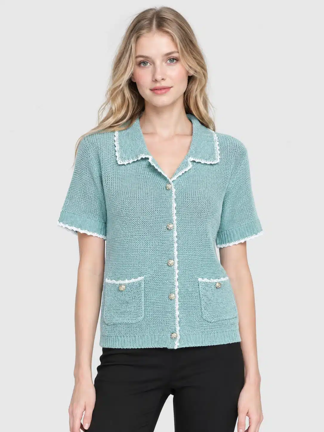 Women’s Mint Collared Short Sleeve Knit Cardigan 1 Women’s Mint Collared Short Sleeve Knit Cardigan
