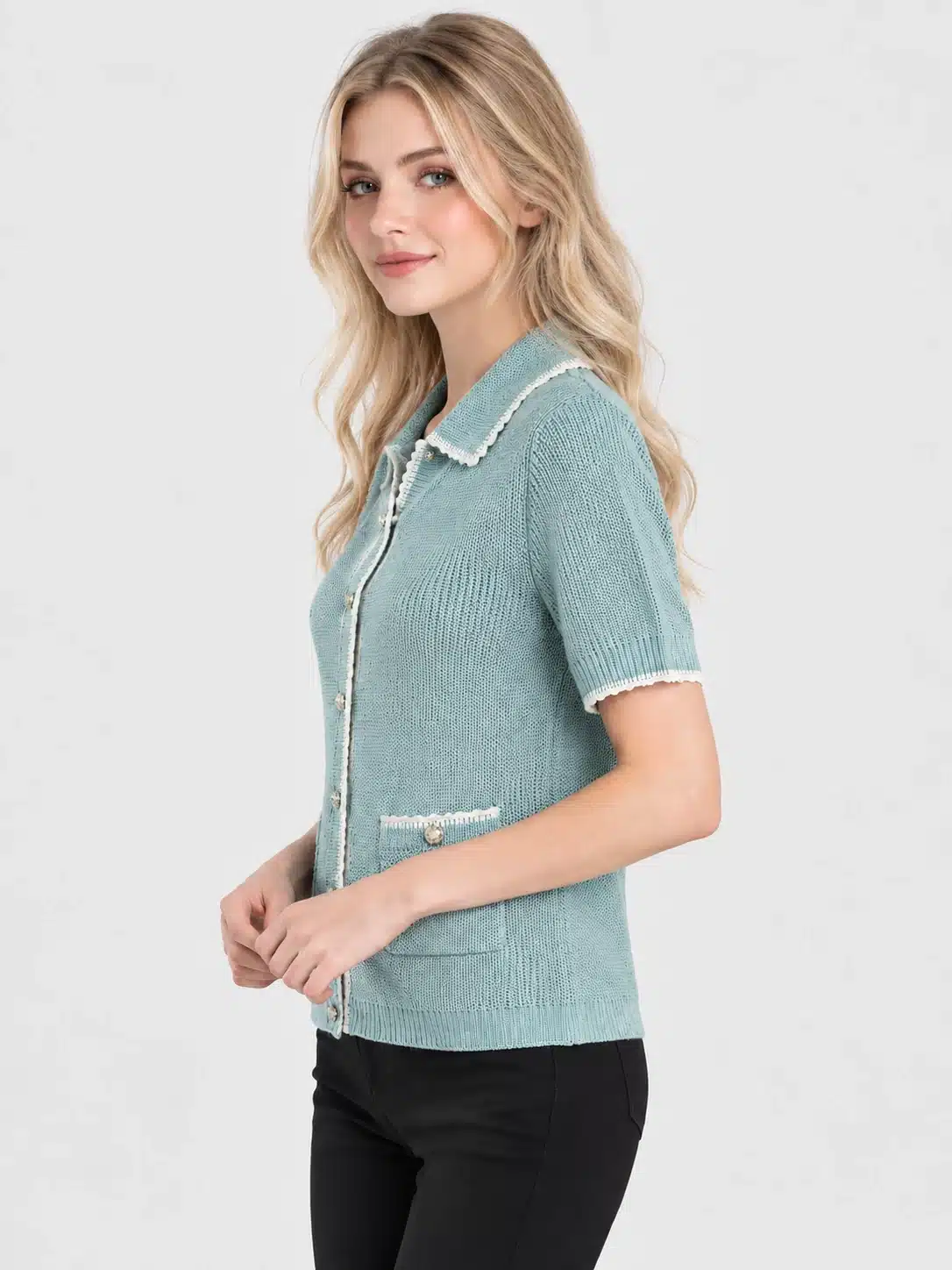 Women’s Mint Collared Short Sleeve Knit Cardigan 3 Women’s Mint Collared Short Sleeve Knit Cardigan - Image 3
