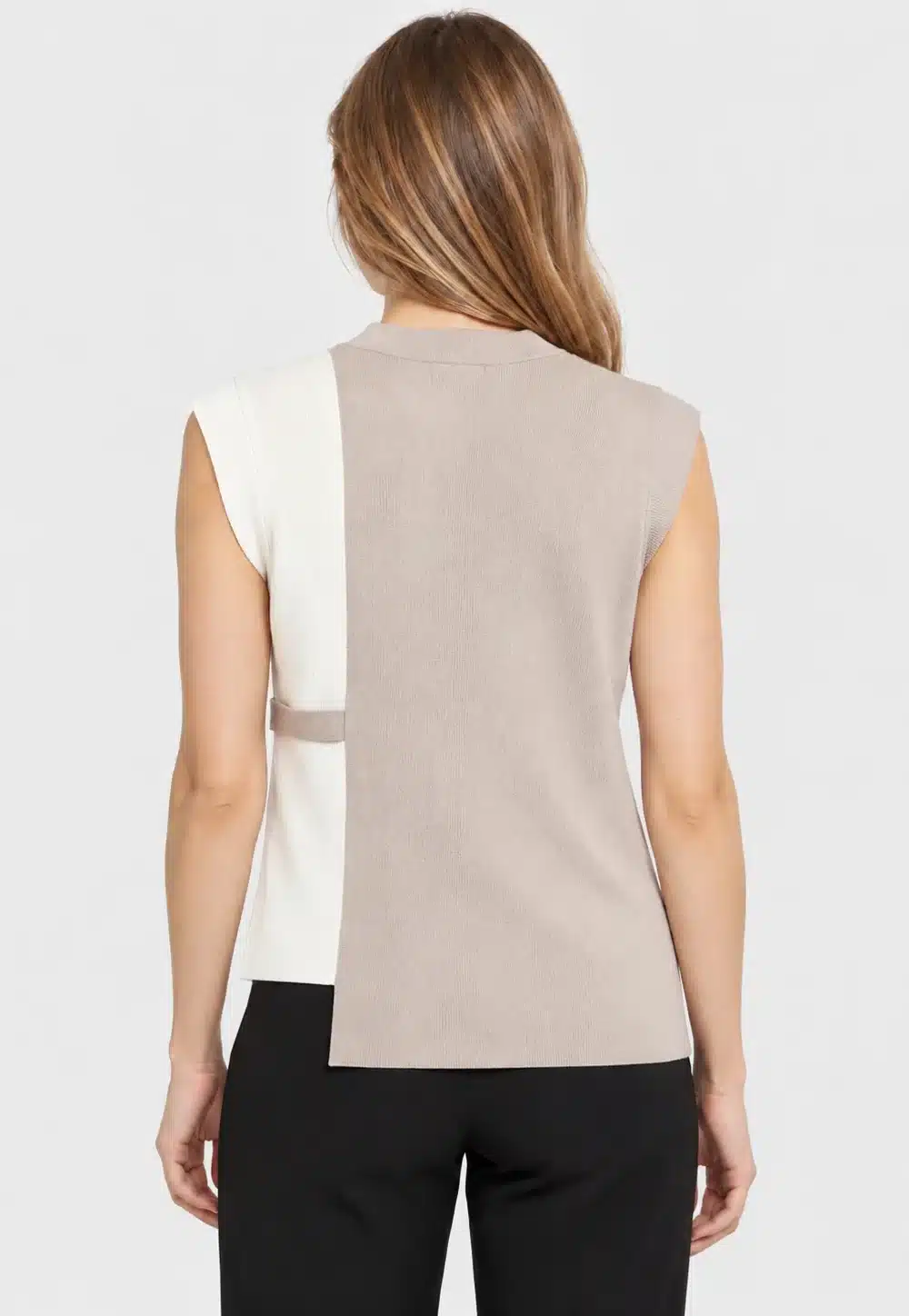 Women’s Beige Color-Block V-Neck Longline Knit Vest