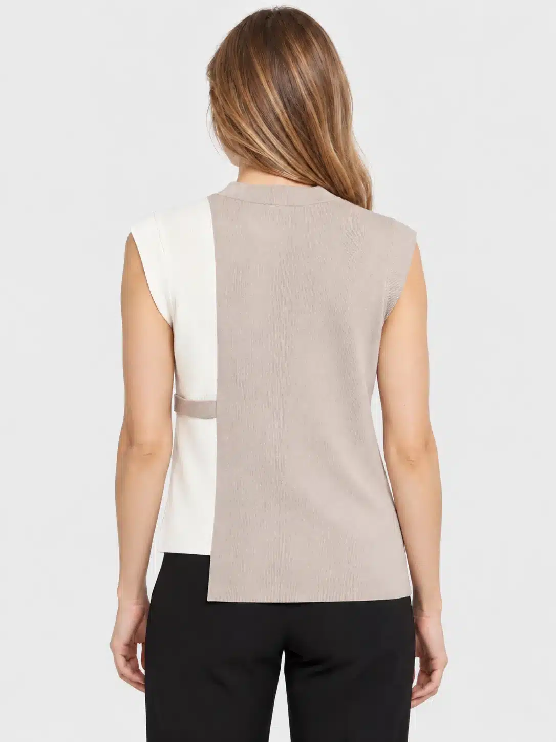 Women's Beige Color-Block V-Neck Longline Knit Vest 2 Women's Beige Color-Block V-Neck Longline Knit Vest - Image 2