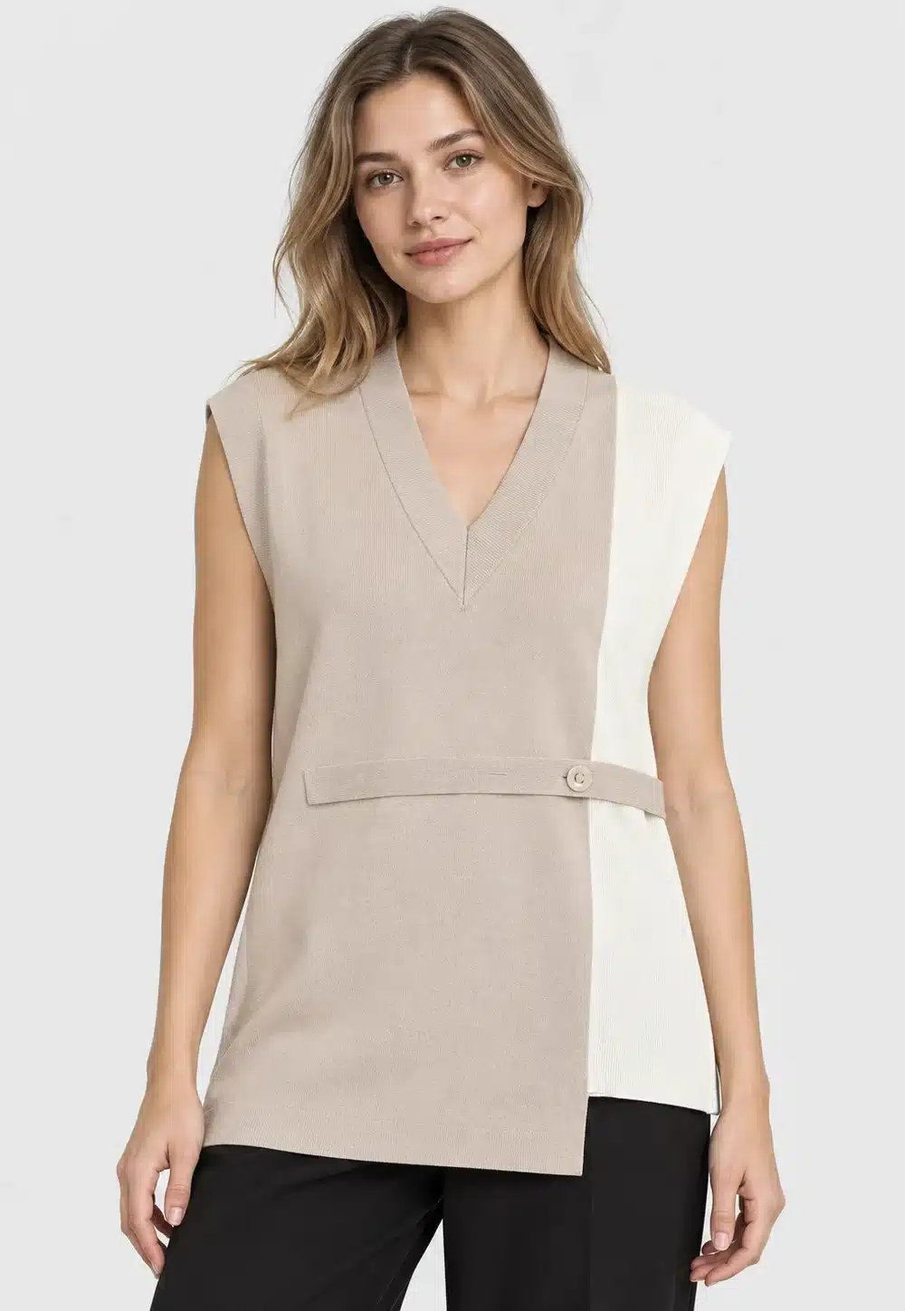 Women's Beige Color-Block V-Neck Longline Knit Vest