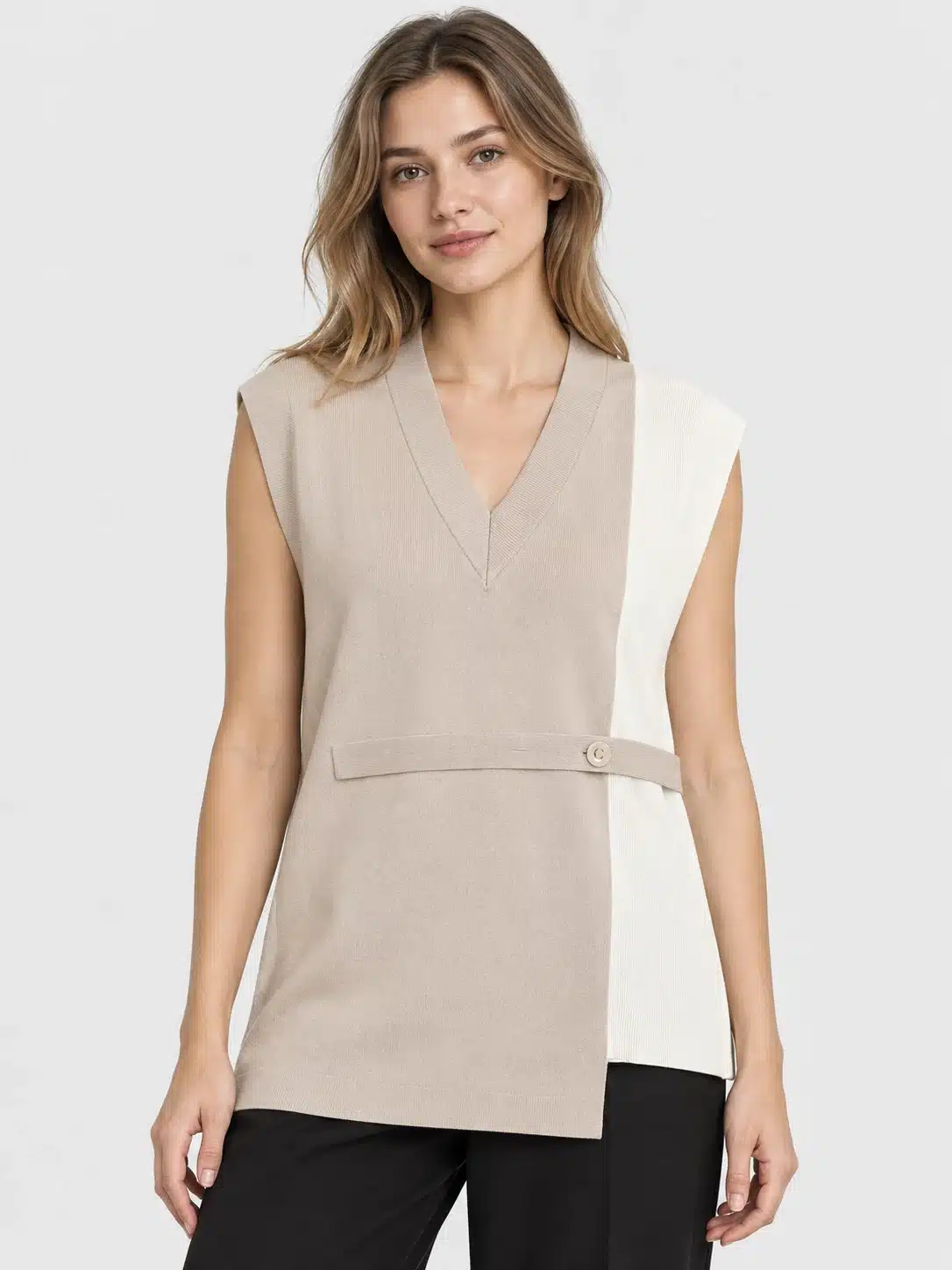 Women's Beige Color-Block V-Neck Longline Knit Vest 1 Women's Beige Color-Block V-Neck Longline Knit Vest