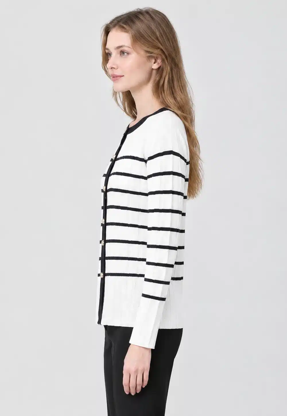 Women’s Ivory Black-Stripe Button-Front Knit Cardigan