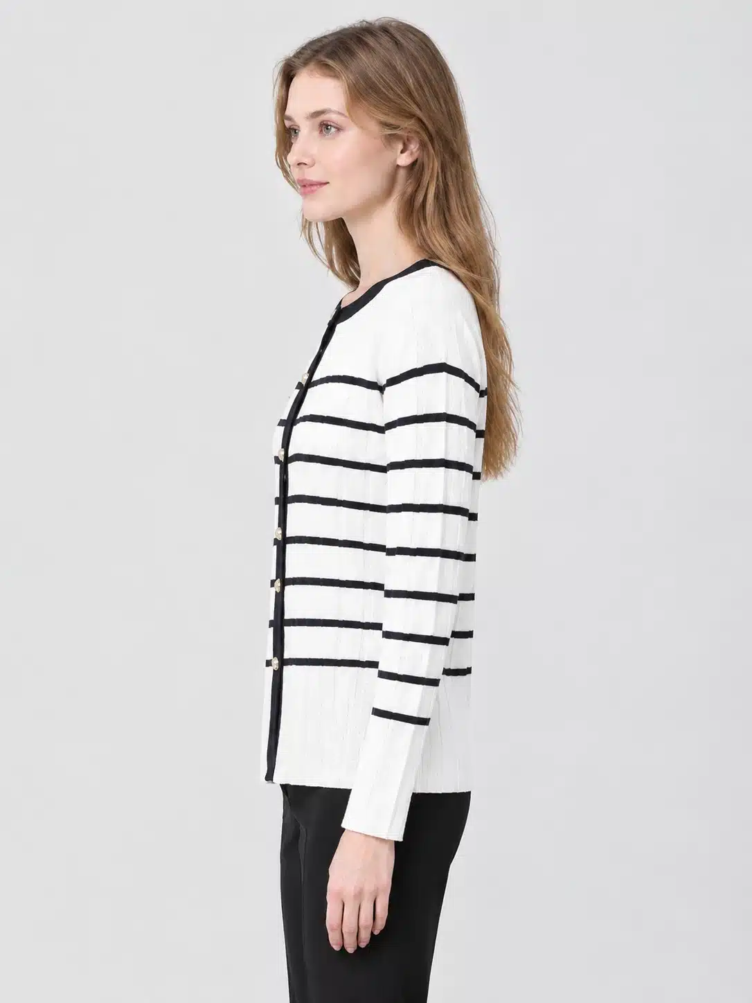 Women's Ivory Black-Stripe Button-Front Knit Cardigan 2 Women's Ivory Black-Stripe Button-Front Knit Cardigan - Image 2