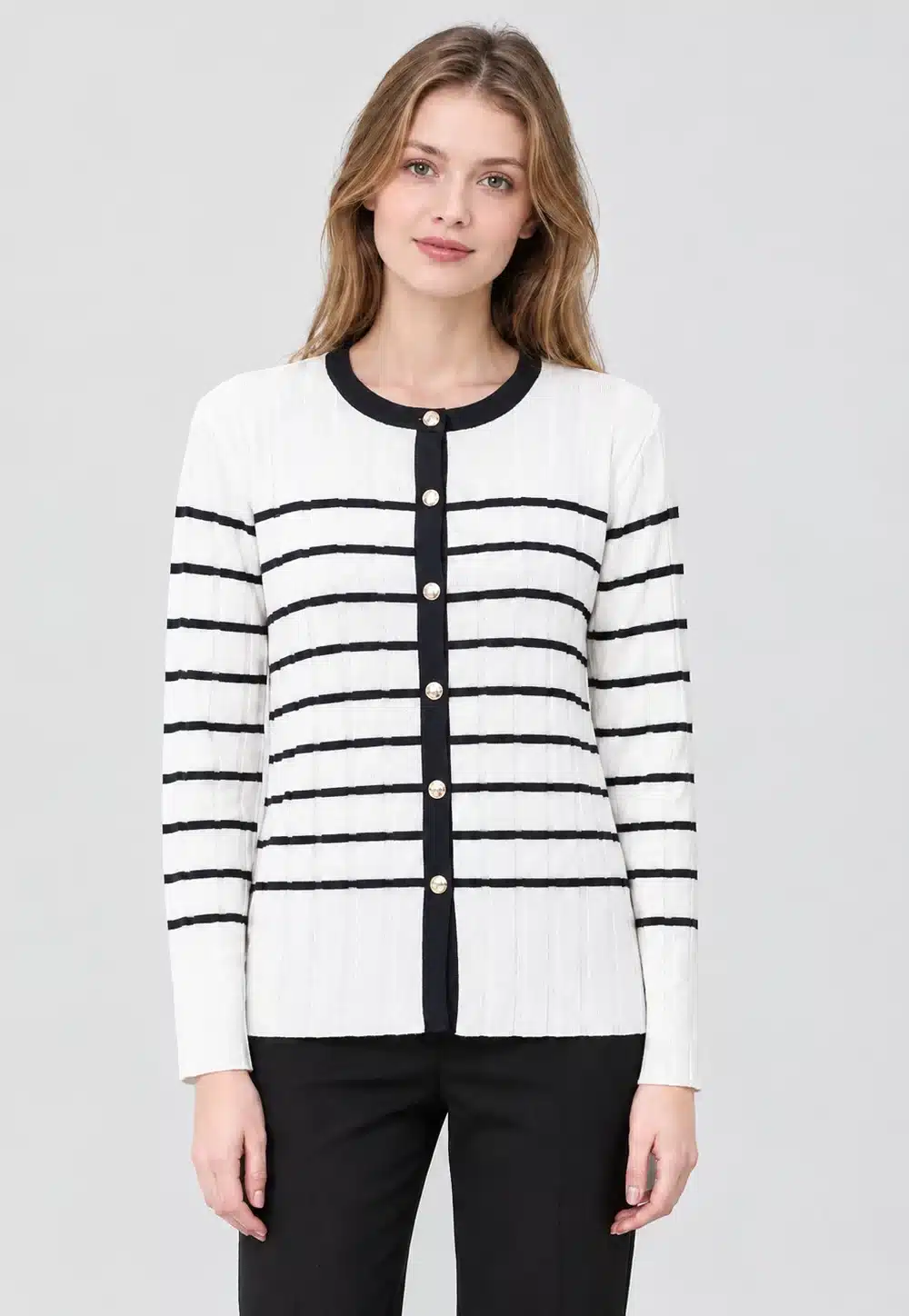Women's Ivory Black-Stripe Button-Front Knit Cardigan