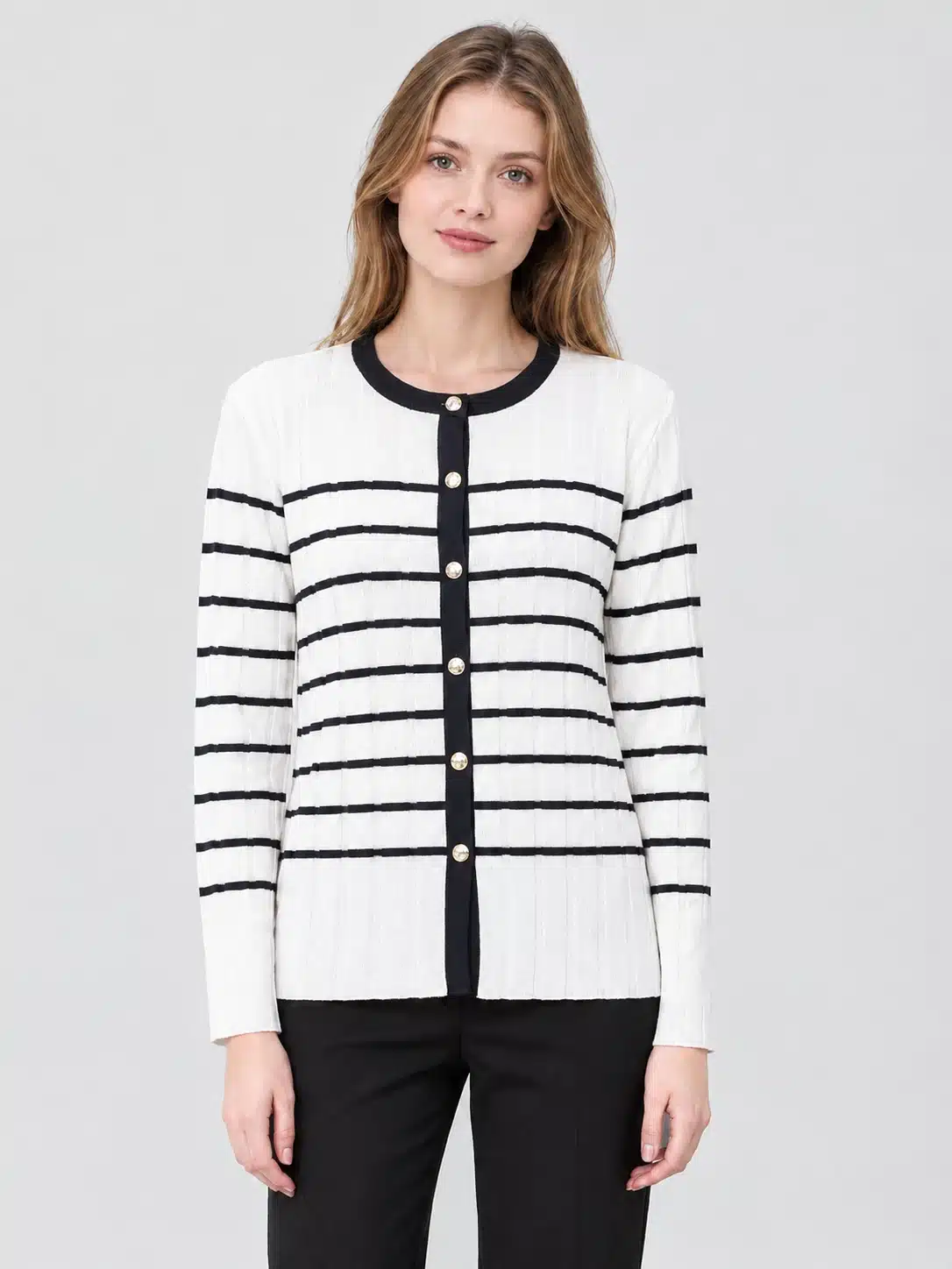 Women's Ivory Black-Stripe Button-Front Knit Cardigan 1 Women's Ivory Black-Stripe Button-Front Knit Cardigan