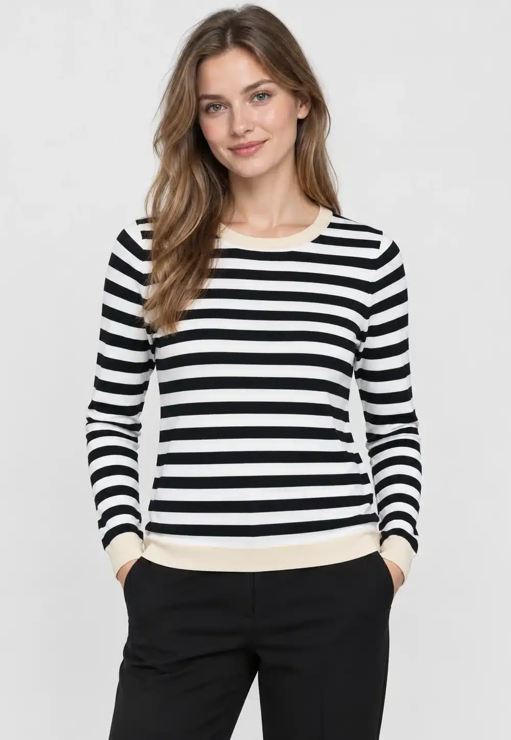 Women's Black and White Striped Crew-Neck Knit Pullover