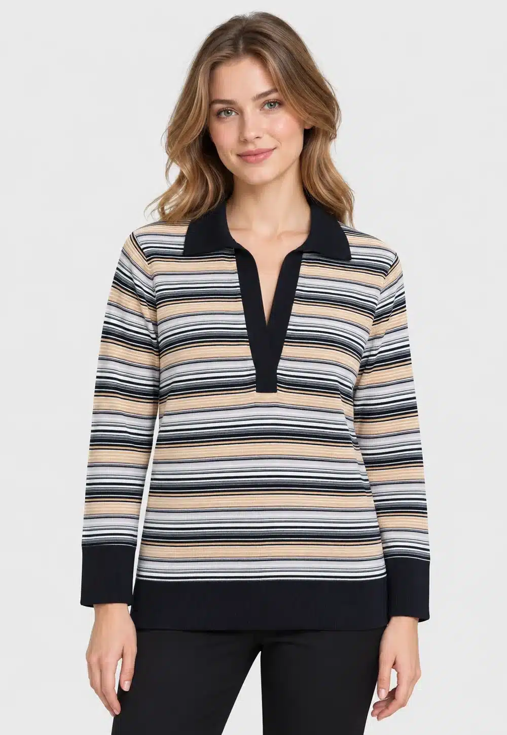 Women's Multicolor Striped V-Neck Long-Sleeve Knit Pullover