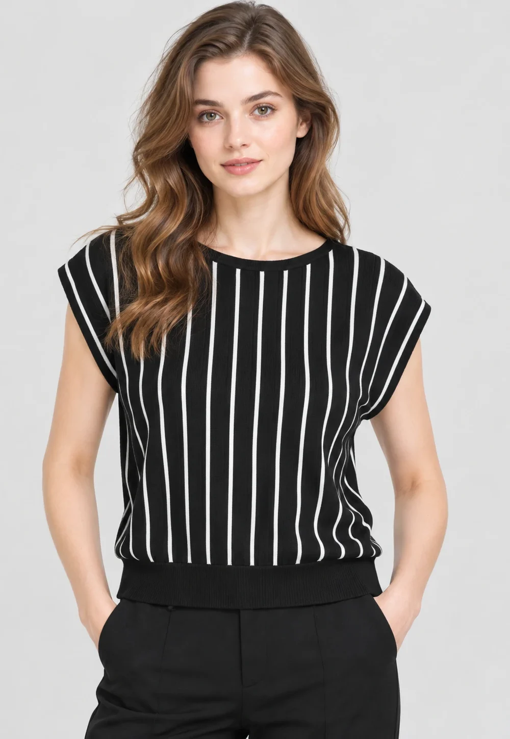 Vertical Stripe Short Sleeve Pullover