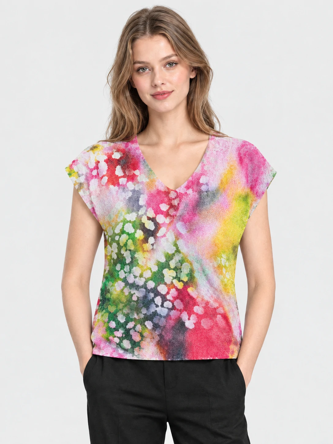 Women’s Watercolor Floral Cap Sleeve Knit Pullover 1 Women’s Watercolor Floral Cap Sleeve Knit Pullover