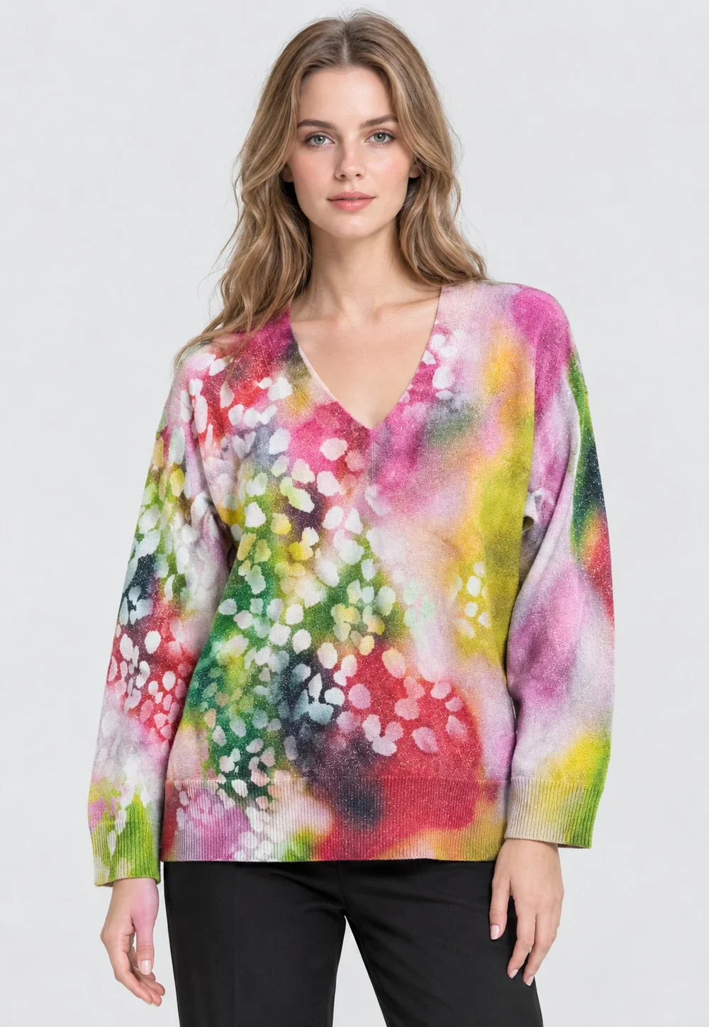 Women’s Watercolor Floral Long Sleeve V-neck Knit Pullover