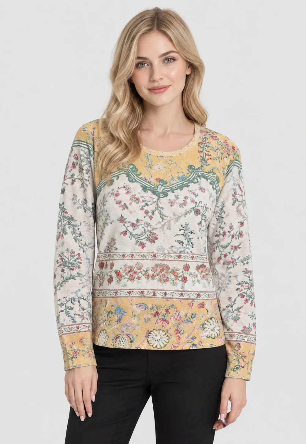 Women’s Vintage Floral Print Long Sleeve Knit Pullover