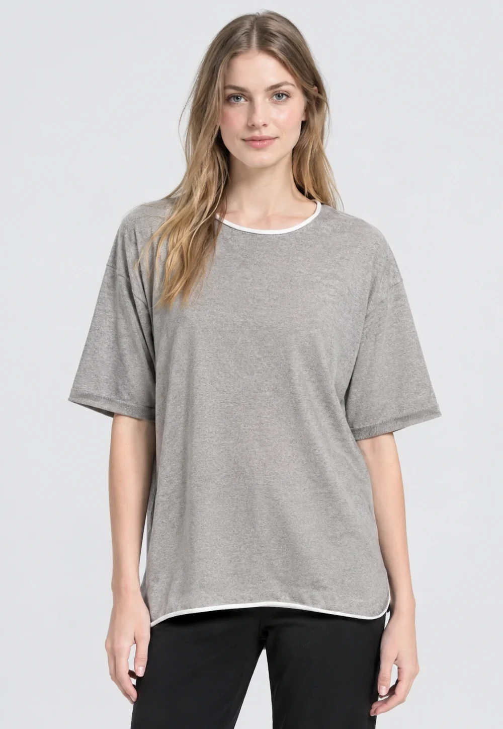 Women’s Grey Contrast Trim Short Sleeve Knit Pullover