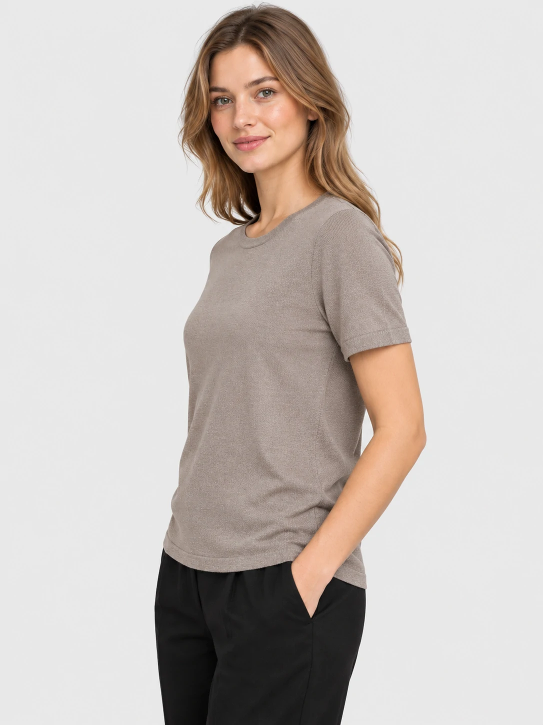 Women's Taupe Crew-Neck Short-Sleeve Knit Pullover 2 Women's Taupe Crew-Neck Short-Sleeve Knit Pullover - Image 2
