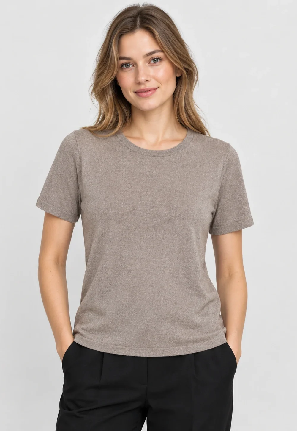 Women's Taupe Crew-Neck Short-Sleeve Knit Pullover