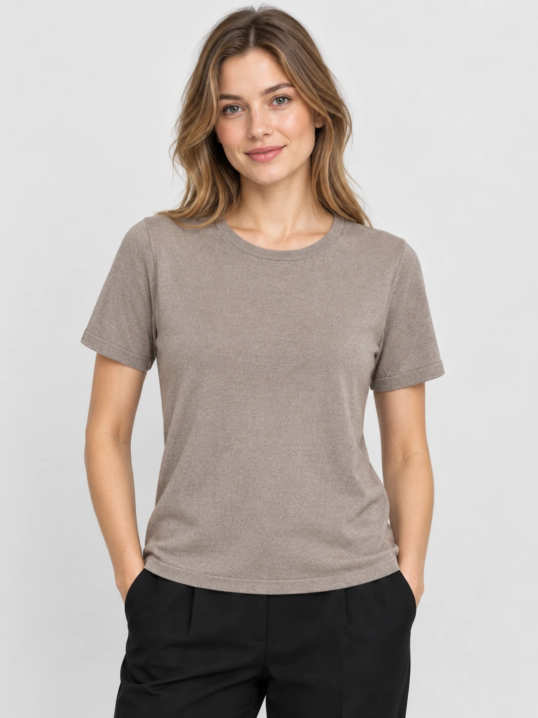 Women's Taupe Crew-Neck Short-Sleeve Knit Pullover 1 Women's Taupe Crew-Neck Short-Sleeve Knit Pullover