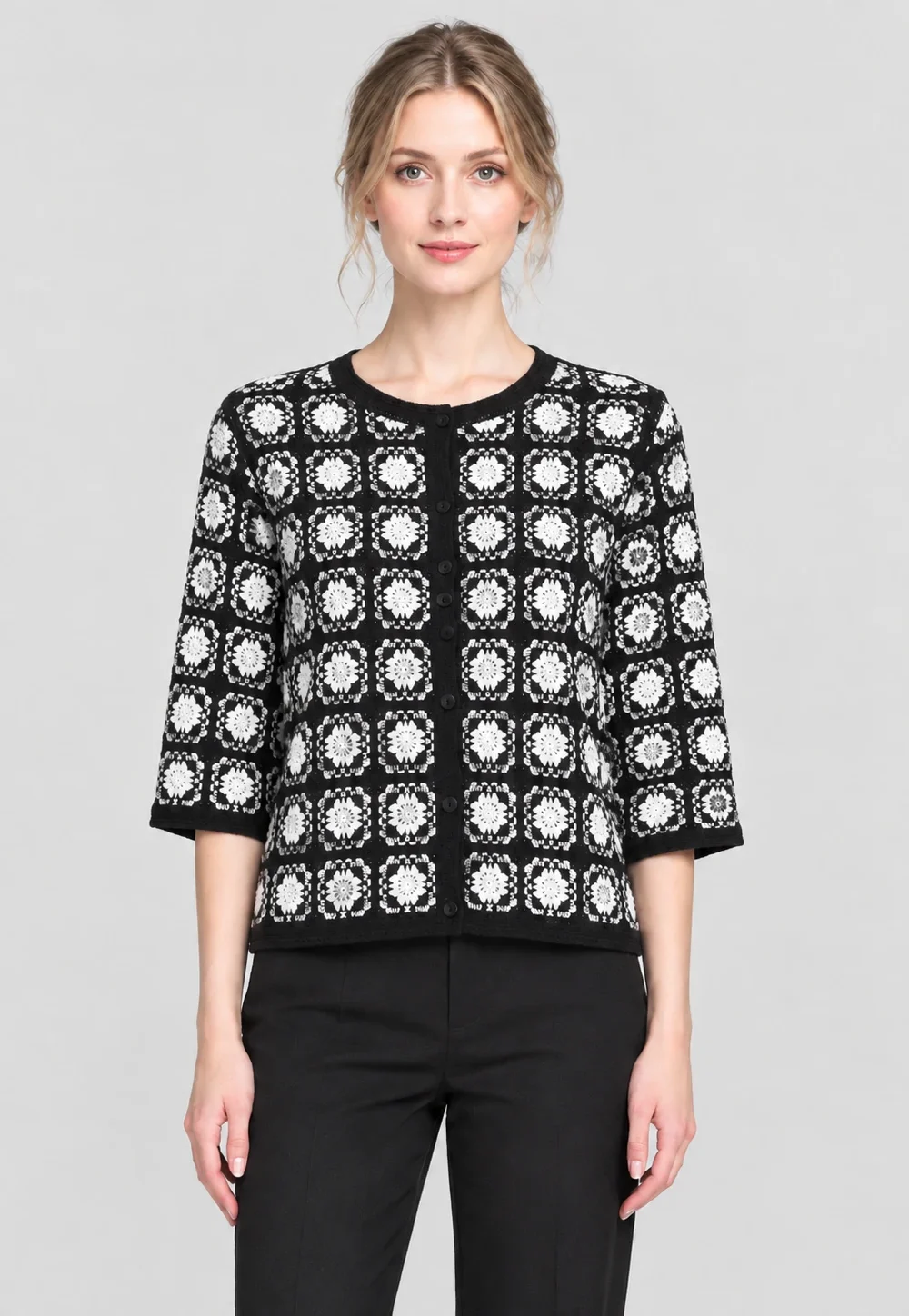 Women's Black and White Crochet-Stitch Knit Cardigan