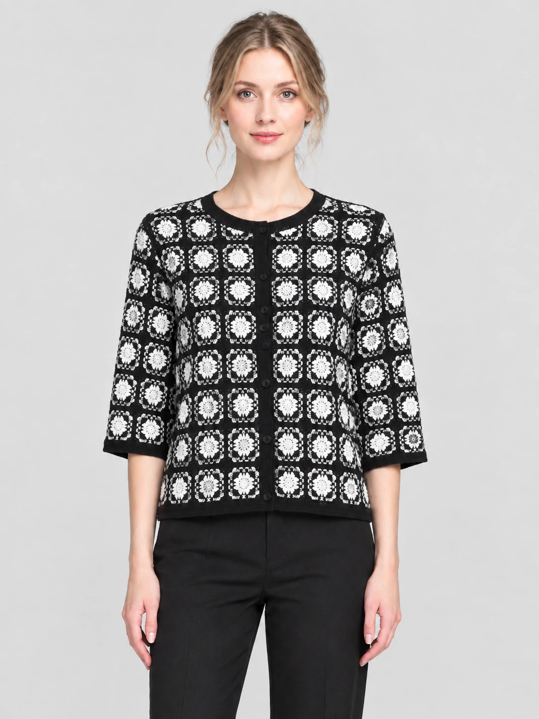 Women's Black and White Crochet-Stitch Knit Cardigan 1 Women's Black and White Crochet-Stitch Knit Cardigan